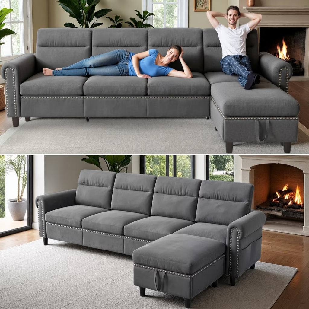 106" Modular Sectional Sofa Bed with Storage Ottoman, Lofka Modern Comfy Couches and Sofas with Side Pockets for Small Spaces, Living Room Furniture in Dark Gray