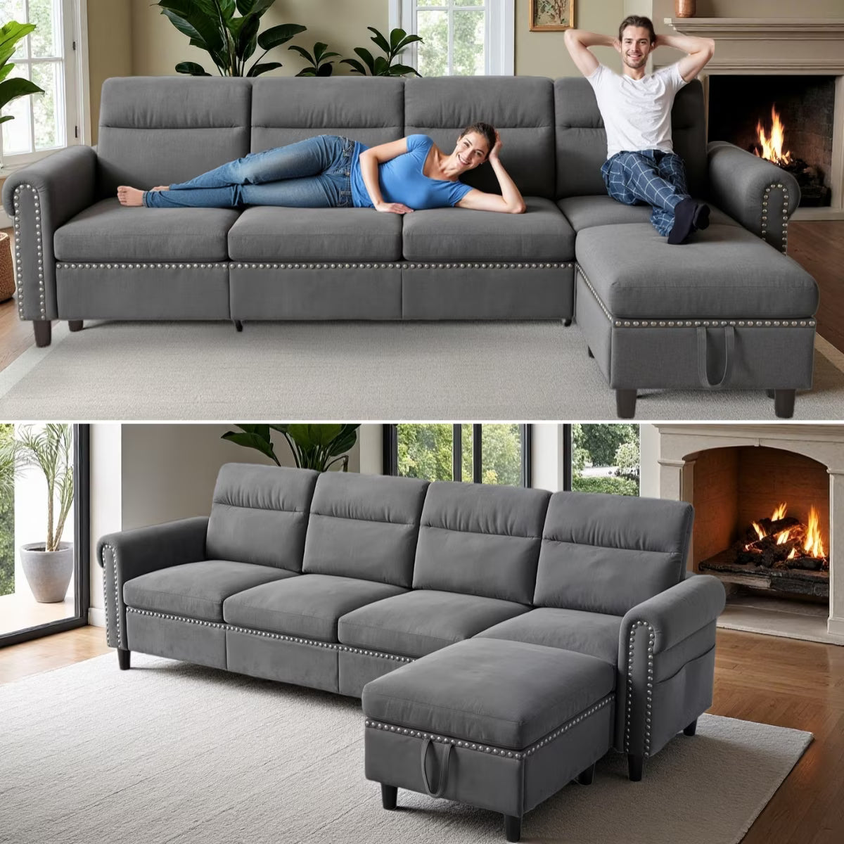 106" Modular Sectional Sofa Bed with Storage Ottoman, Lofka Modern Comfy Couches and Sofas with Side Pockets for Small Spaces, Living Room Furniture in Dark Gray