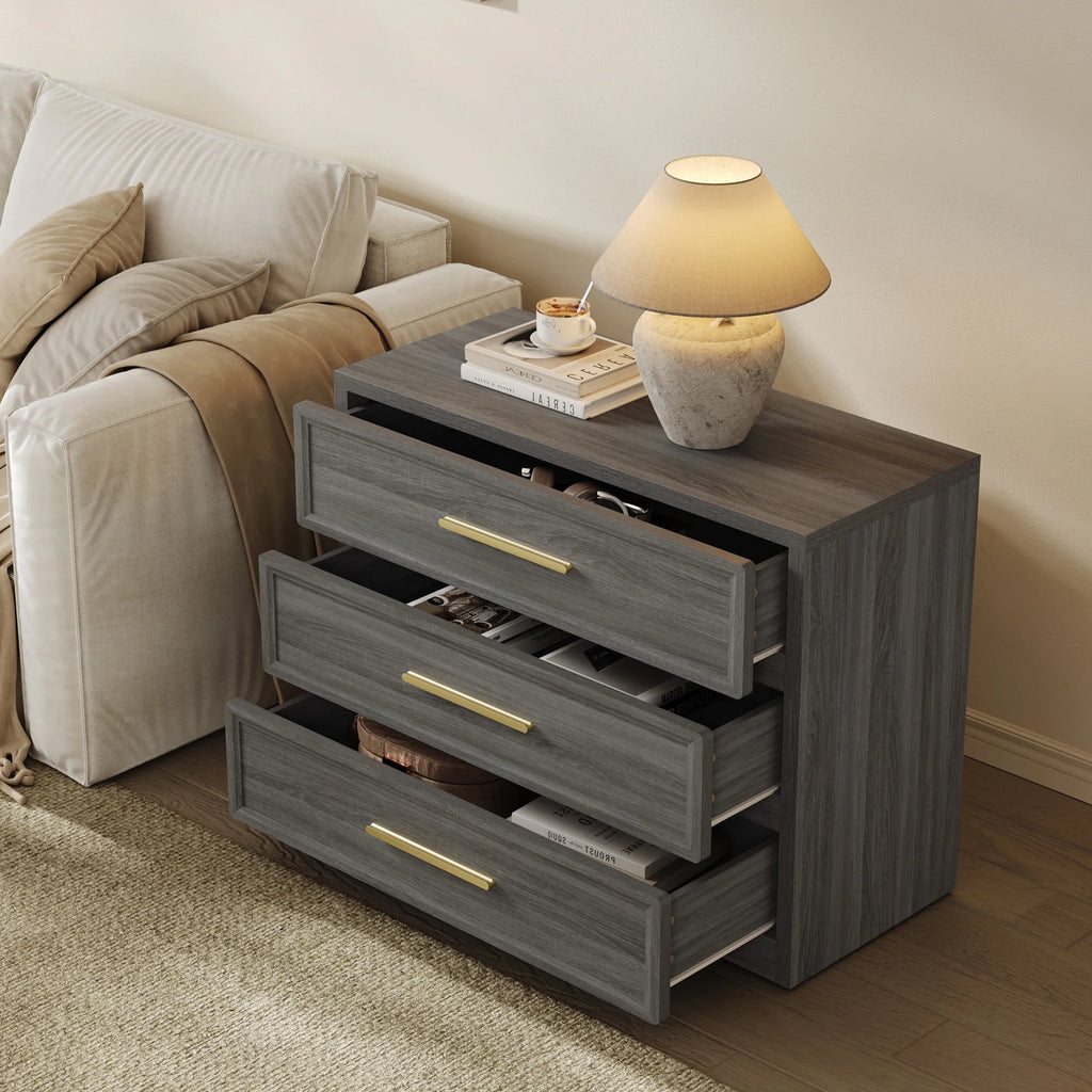 SICOTAS 31.3" W 3-Drawer Nightstand Set of 2 with Oversized Large Storage , Modern Night Stands Bedside Table with Adjustable Feet & Gold Handles for Bedroom Living Room Entryway, Light Oak