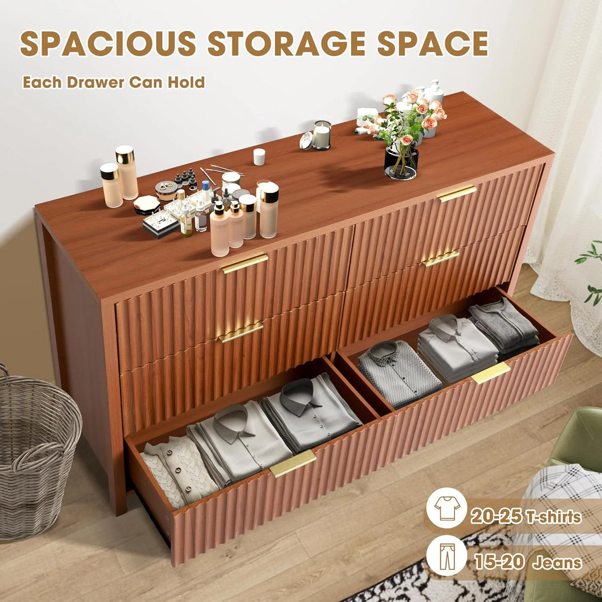 Magic Union Fluted 6 Drawers Dresser for Bedroom, 54" Wide Chest of Drawers with Thick Plank Styling, Wooden Storage Drawer Organizer for Bedroom, Living Room,Hallway, Entryway, Brown