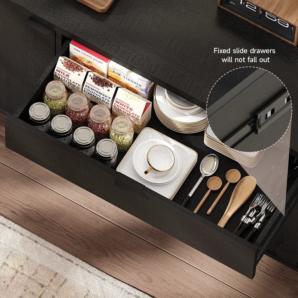 63" Sideboard Buffet Cabinet, Kitchen Buffet Storage Cabinet, Mid Century Modern Storage Cabinet with 4 Doors & Shelves, Wood Coffee Bar Console Wine Bar for Living Room, Kitchen,Hallway,Black