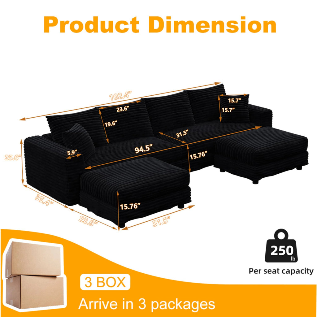 Alvantor 4-Seat Sofa 102" W Corduroy Upholstered Deep Seat Couches Convertible Chaise for Living Room, Apartment Grey