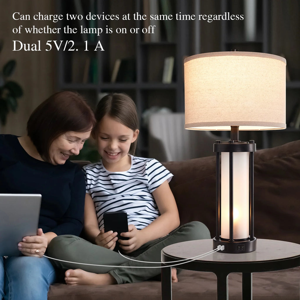 RORIA 24a?? Modern Living Room Table Lamp 2-Piece Set with 2 USB Charging Ports, Built-in White Frosted Glass with Night Light, Black Vintage Rustic Farmhouse Lamp for Bedroom Nightstand Lamps