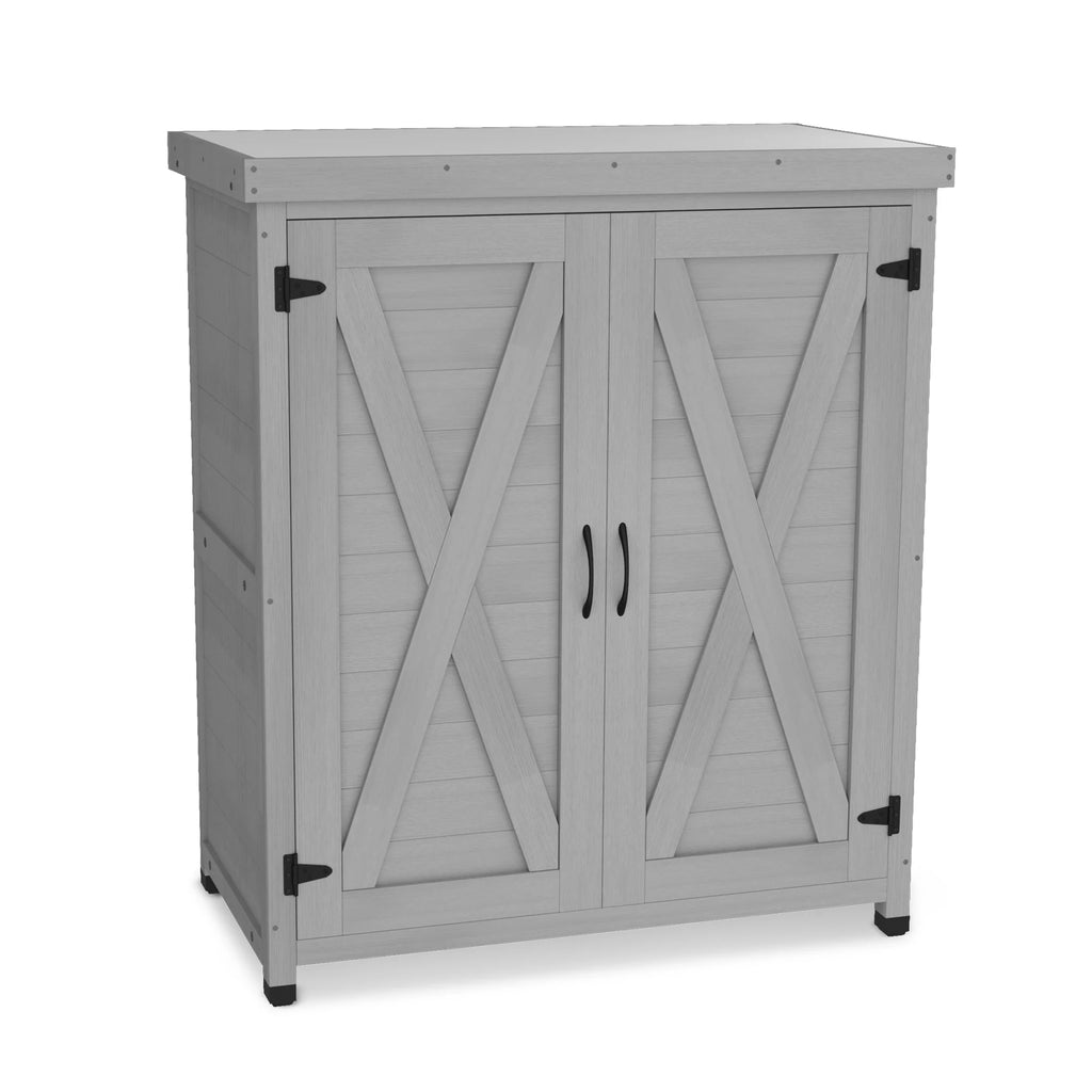 Tcbosik Outdoor Storage Cabinet & Potting Bench Table, Wooden Patio Furniture with Metal Top, Garden Workstation for Backyard, Lawn, Deck, Balcony, Gray