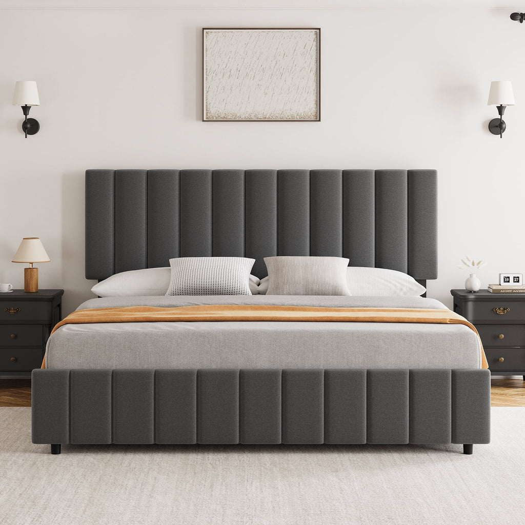 Full Size Bed Frame with 4 Storage Drawers and Adjustable Headboard, Linen Upholstered Platform Bed Frame with Wooden Slats Support, No Box Spring Needed, Dark Grey