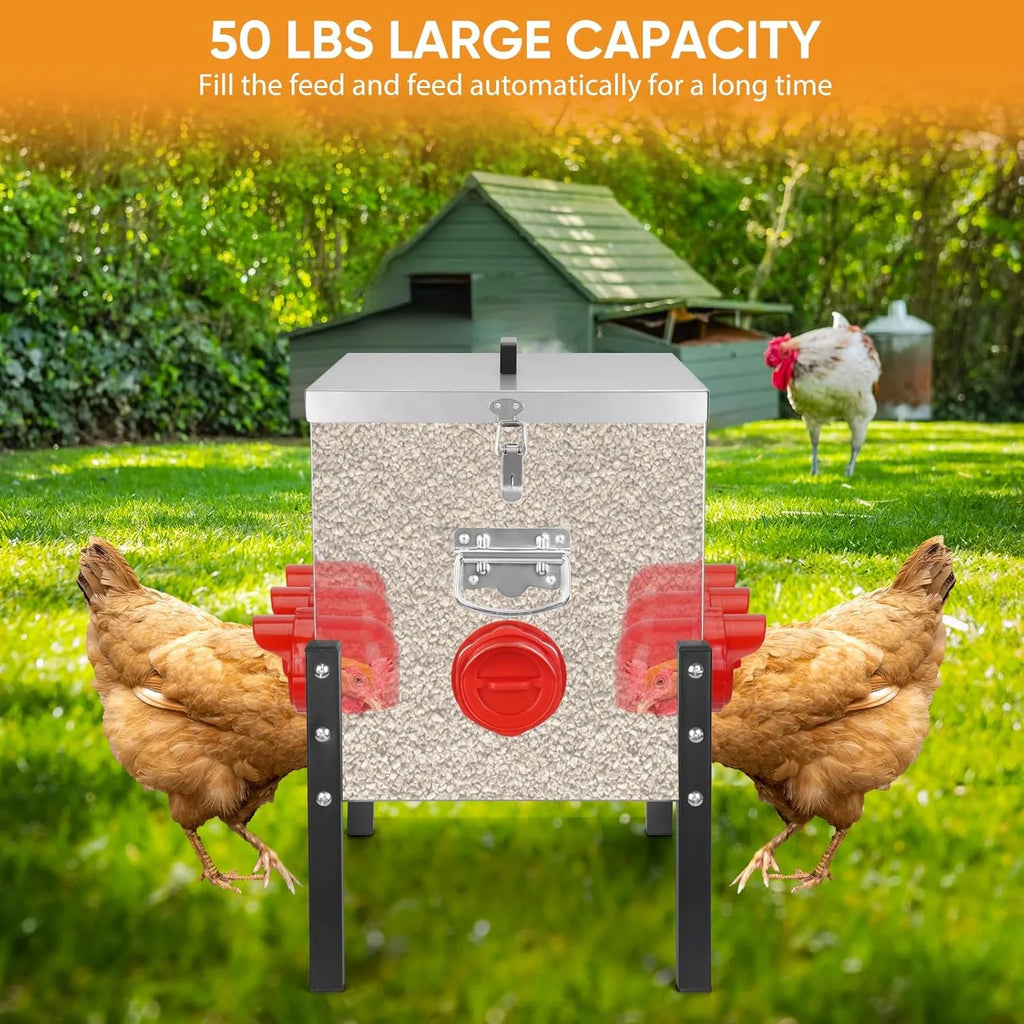 50LB Large Automatic Chicken Feeder �C 8 Feeding Ports, No-Waste Poultry Feeder, with Adjustable Legs & Locking Lid