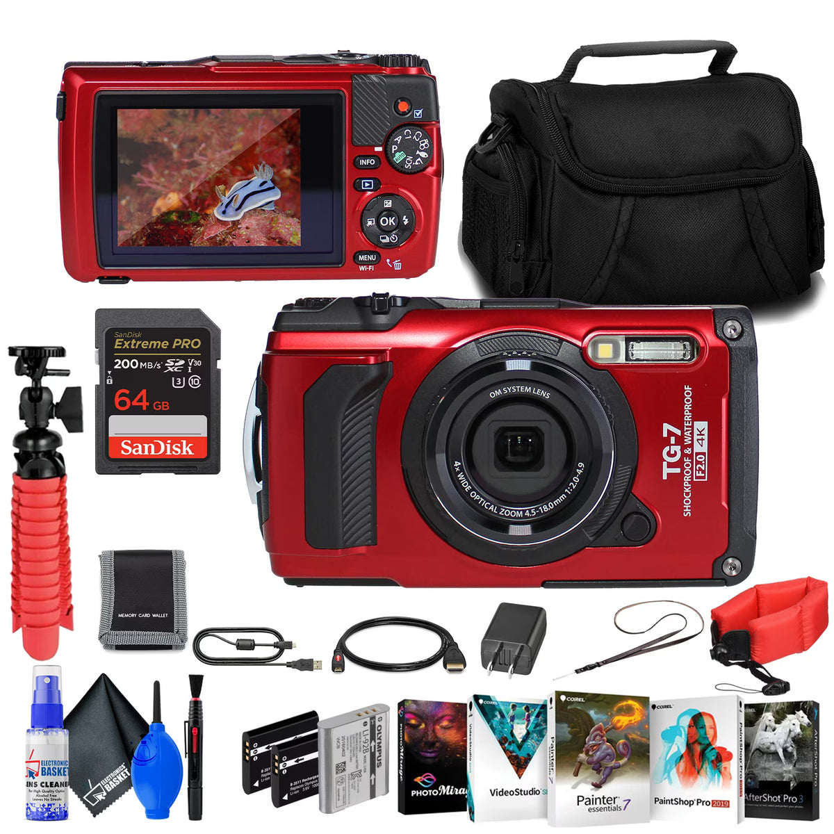 OM SYSTEM Tough TG-7 Red Underwater Camera, 44x Macro Shooting, 12MP, Float Strap, 64GB Card