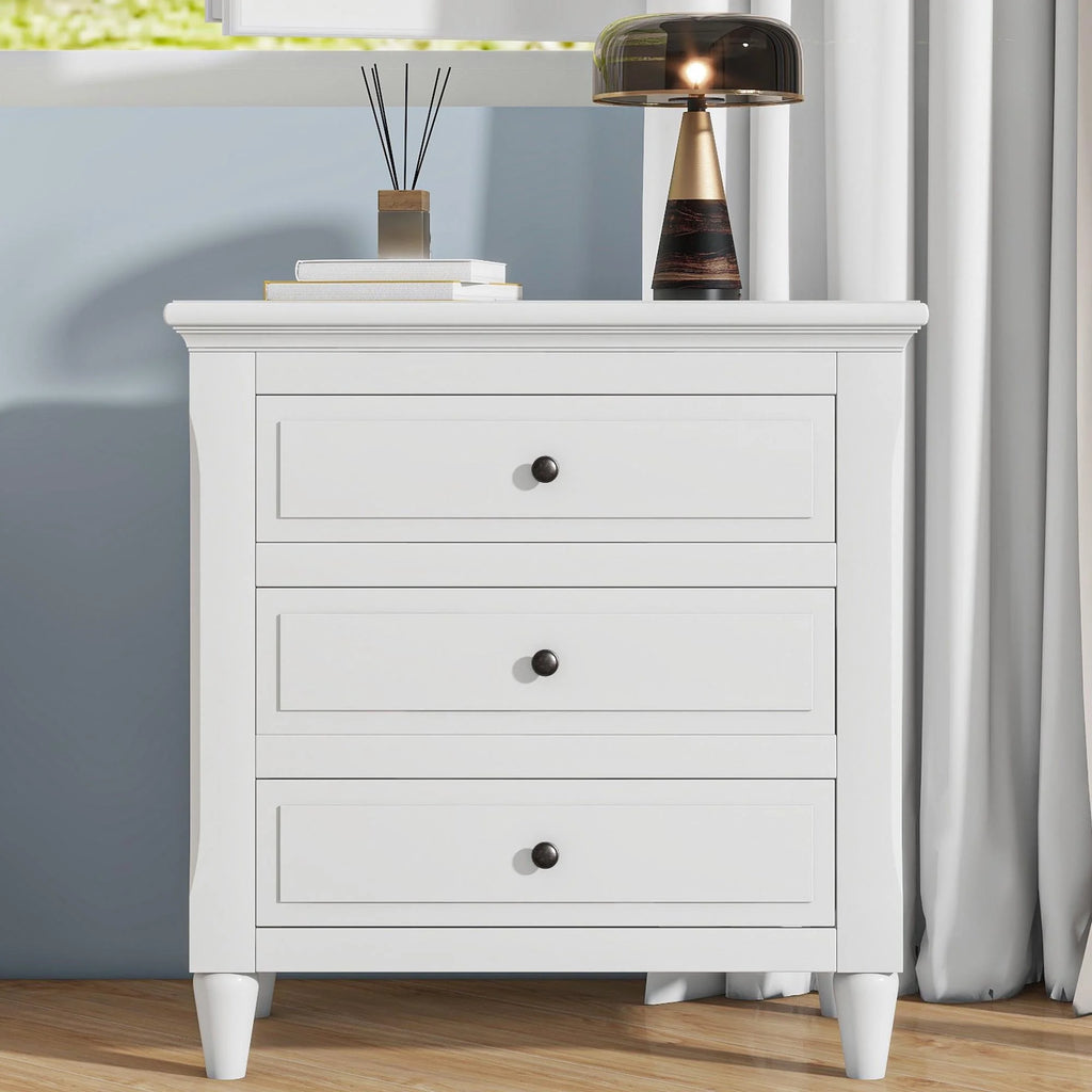 White Nightstand for Bedroom, Atumon Nightstand with 3 Drawers, Wood Bedside Table, Modern Nightstand Furniture for Bedroom, 28"L x 16.9"W x 28"H