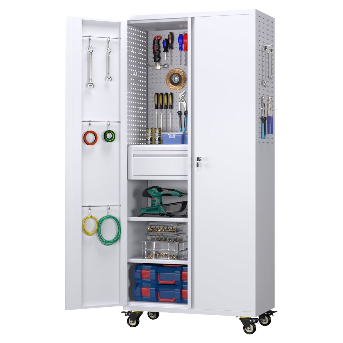 SUPEER 71" Metal Storage Cabinets with Wheels and Pegboards, Industrial Cabinet with 2 Drawers and 2 Adjustable Shelves,, Assembly Required
