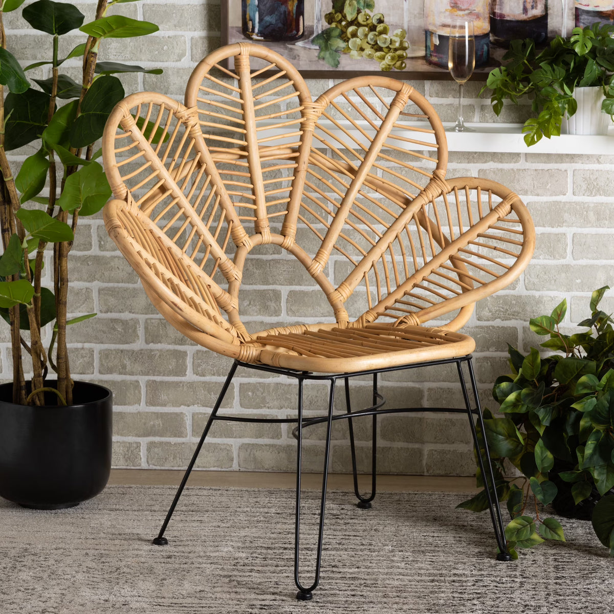 bali & pari Garan Modern Bohemian Natural Brown Rattan and Black Metal Accent Chair
