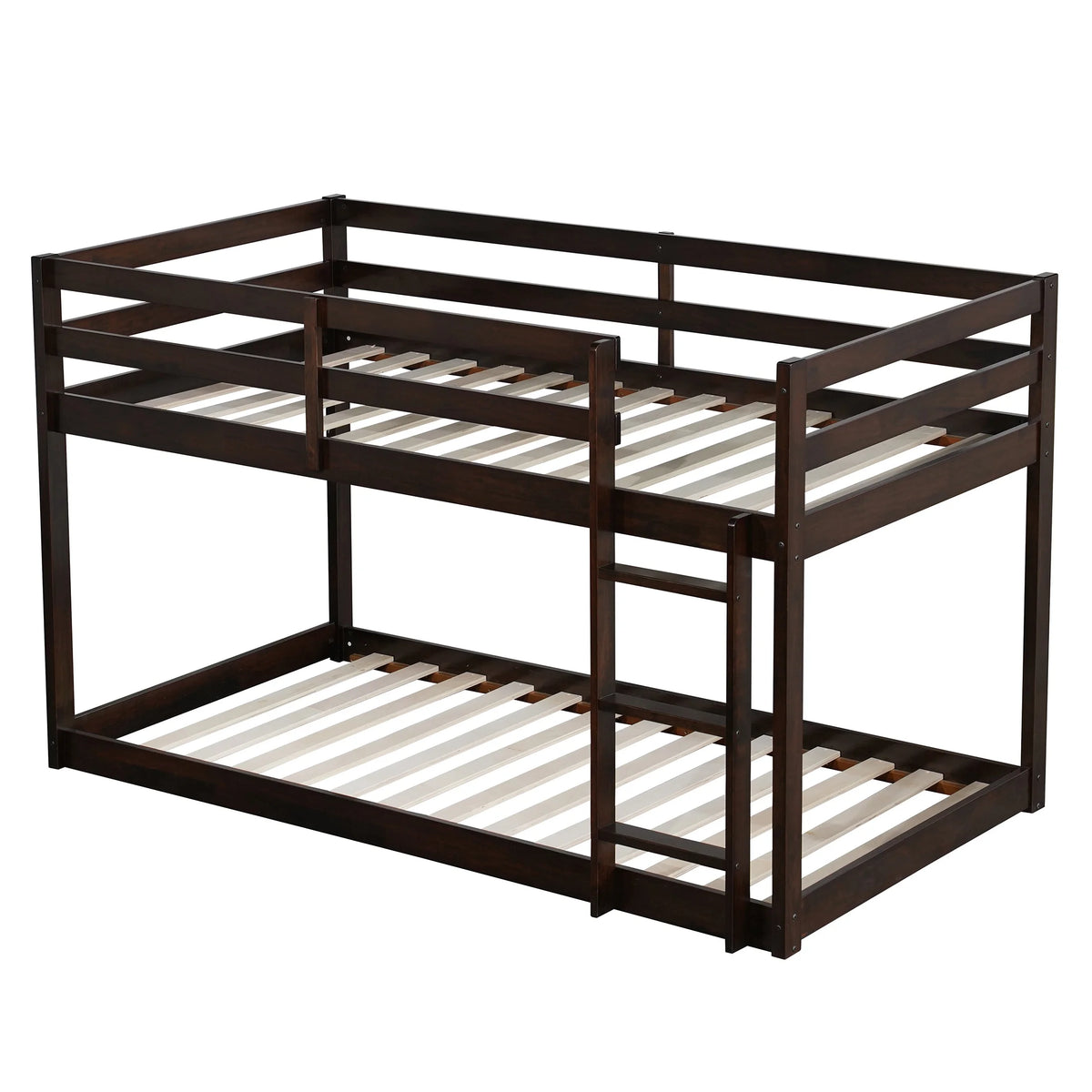 Twin Over Twin Floor Bunk Bed, UHOMEPRO Solid Wood Low Bunk Bed with Safety Rail, Ladder, Heavy Duty Bunk Beds, Space-Saving Bedroom Dorm Furniture, Gray