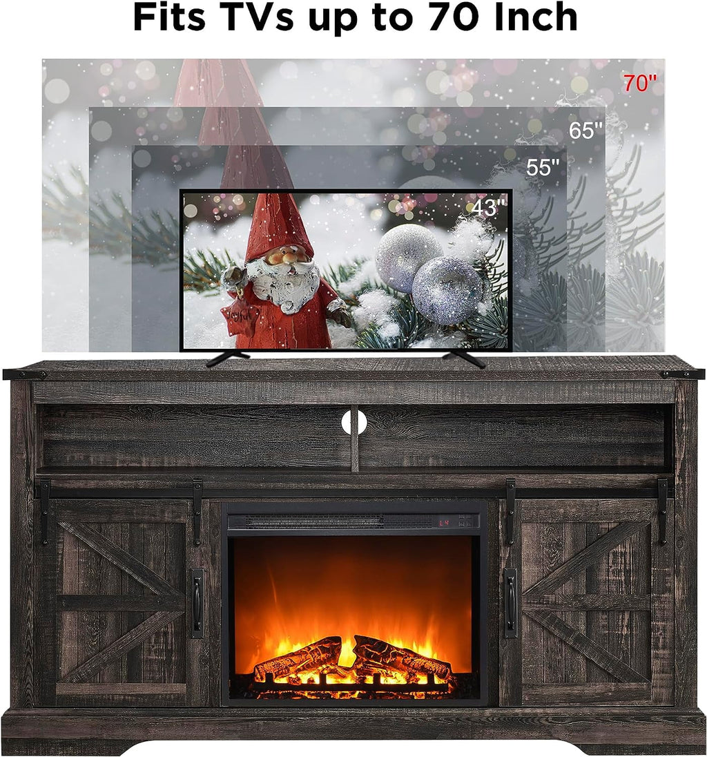 OKD Farmhouse Fireplace TV Stand up to 70", Entertainment Center with 23" Fireplace & Open Storage Shelves for Living Room, Antique White