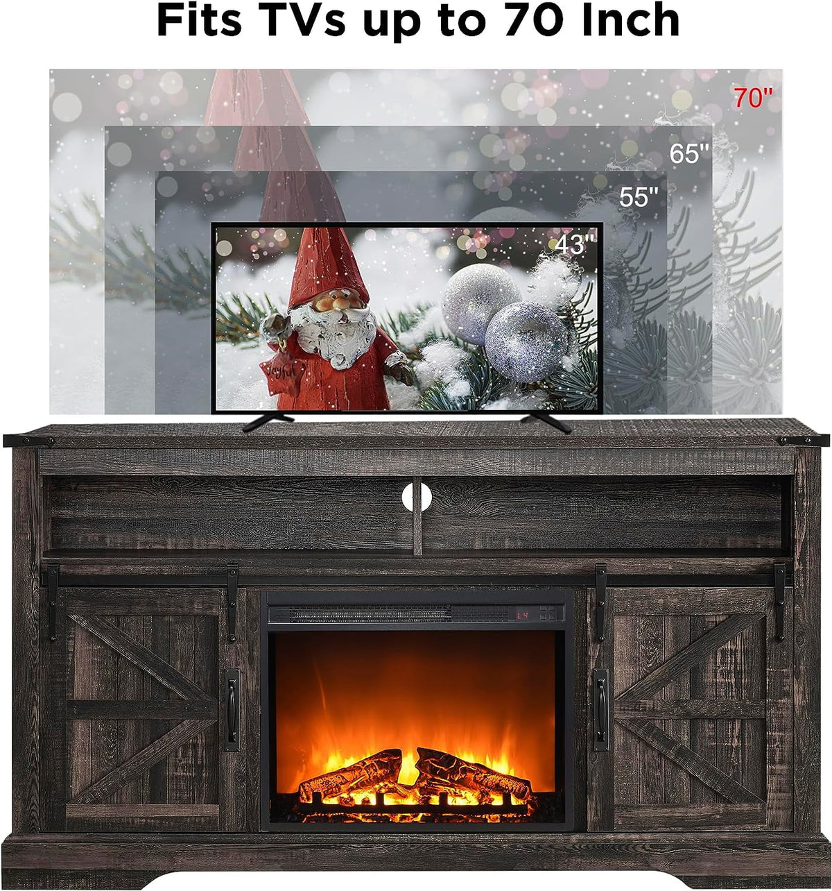 OKD Farmhouse Fireplace TV Stand up to 70", Entertainment Center with 23" Fireplace & Open Storage Shelves for Living Room, Antique White