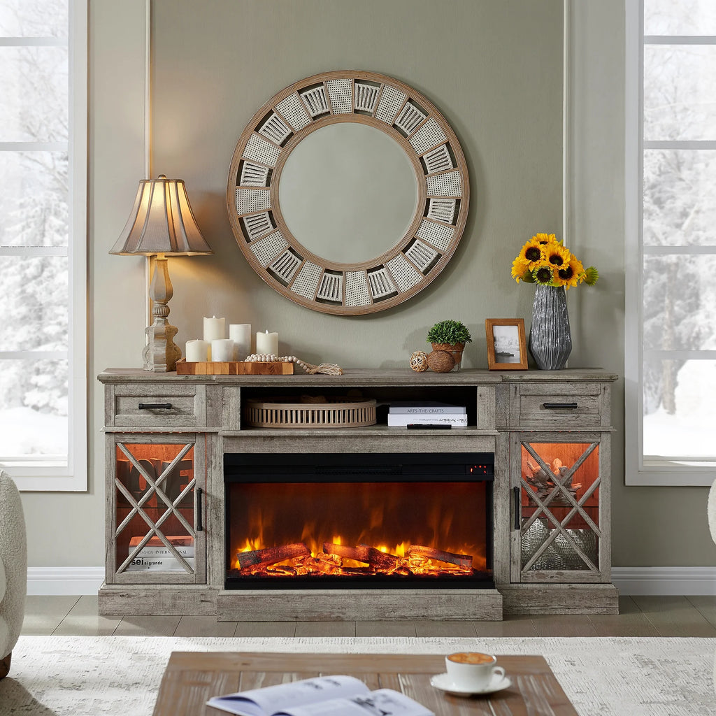 OKD Farmhouse 3-Sided Fireplace TV Stand for 80" TVs, 70" Entertainment Center with Electric Fireplace and Storage Drawers, Antique White
