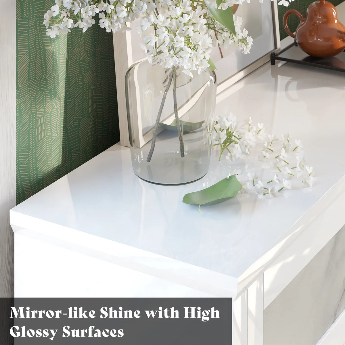 LUXOAK High-Gloss 6 Drawer Dresser, 54" Marble Chest of Drawers, Modern, White