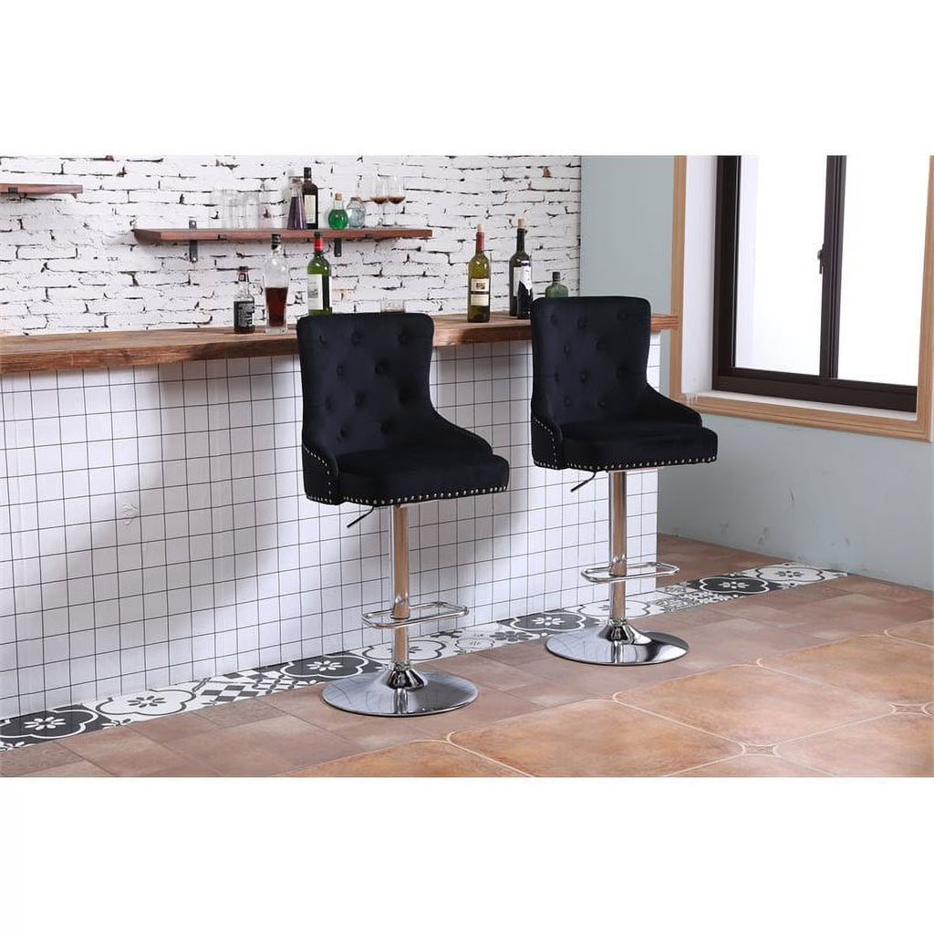 Alexent  2PCS Swivel Bar Stools, High Back, Button Tufted, Silver Footrest and Nailhead Trim Swivel Bar Chairs for Kitchen, Bar Velvet Upholstered Bar Stools, Dark Blue