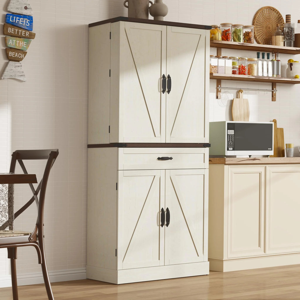 71" Tall Farmhouse Kitchen Pantry with 12 Side Shelves & Adjustable Shelves, 5 Layers Pantry Storage Cabinet w/Load-Bearing Steel Pipe & 4 Barn Doors for Kitchen, Dining Room, Living Room, Brown