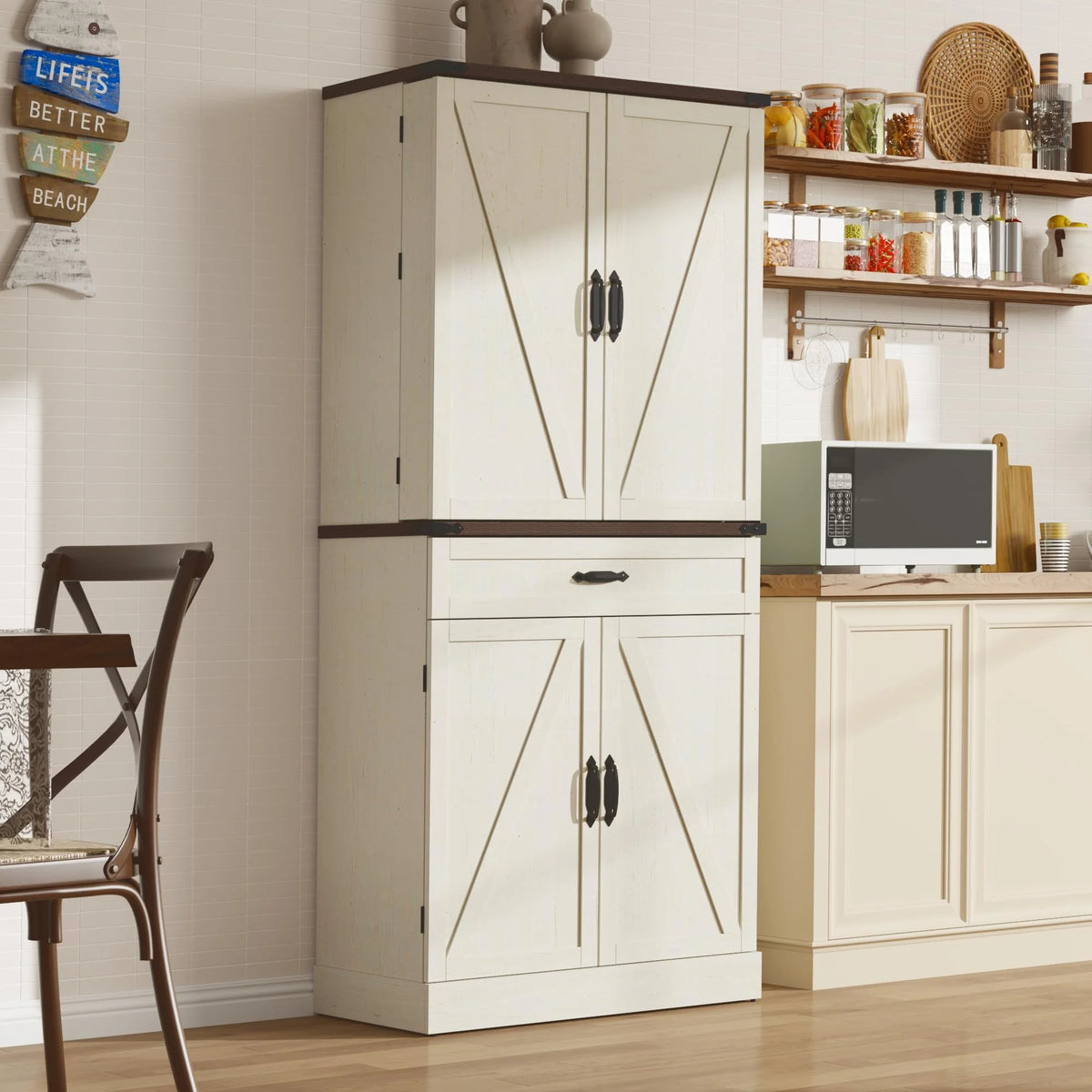 71" Tall Farmhouse Kitchen Pantry with 12 Side Shelves & Adjustable Shelves, 5 Layers Pantry Storage Cabinet w/Load-Bearing Steel Pipe & 4 Barn Doors for Kitchen, Dining Room, Living Room, Brown