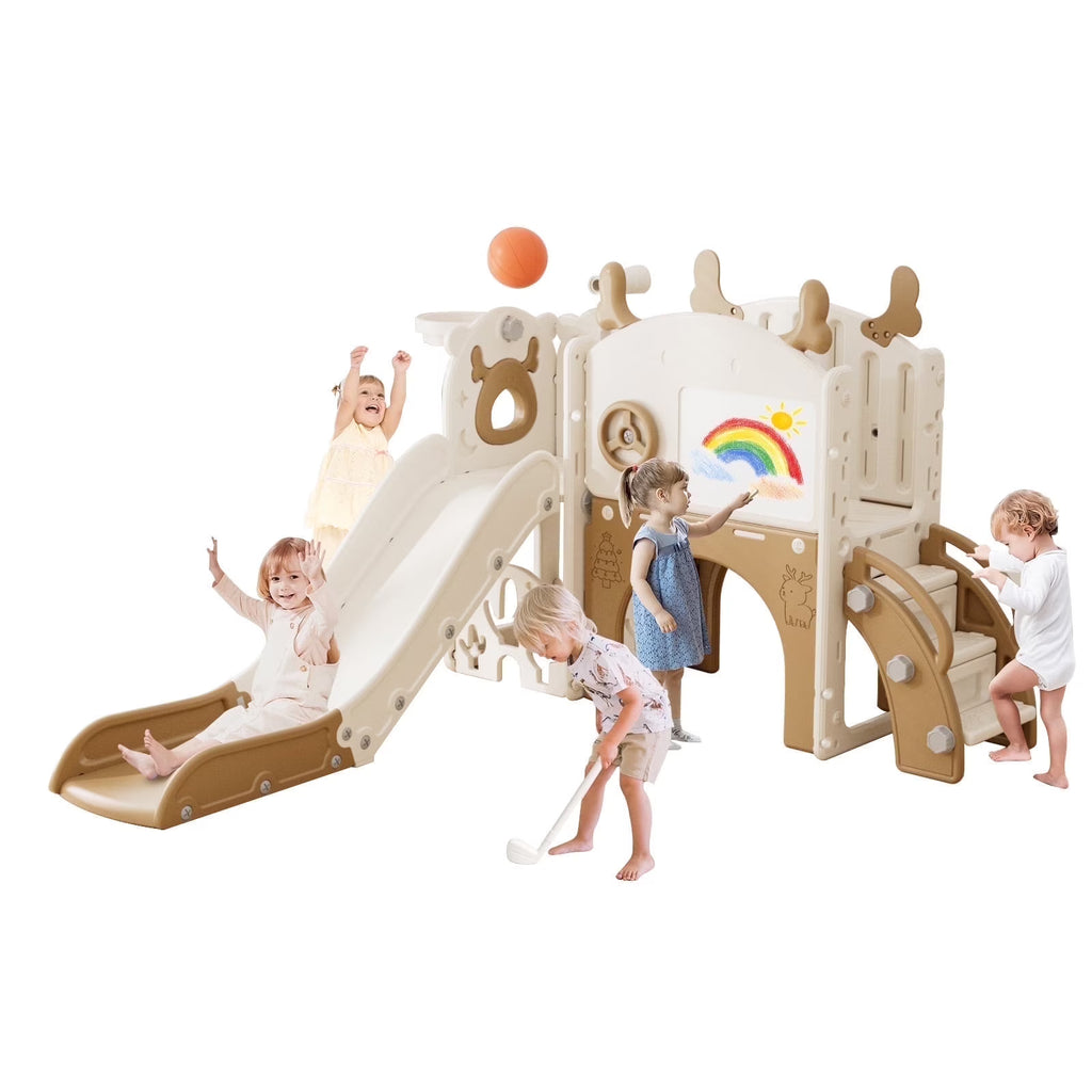Korimefa 11-in-1 Toddler Slide Set with Golf, Basketball Hoop, Kids Slide for Toddlers Age 1-4, Climber Slip and Slides, Baby Outdoor Toys