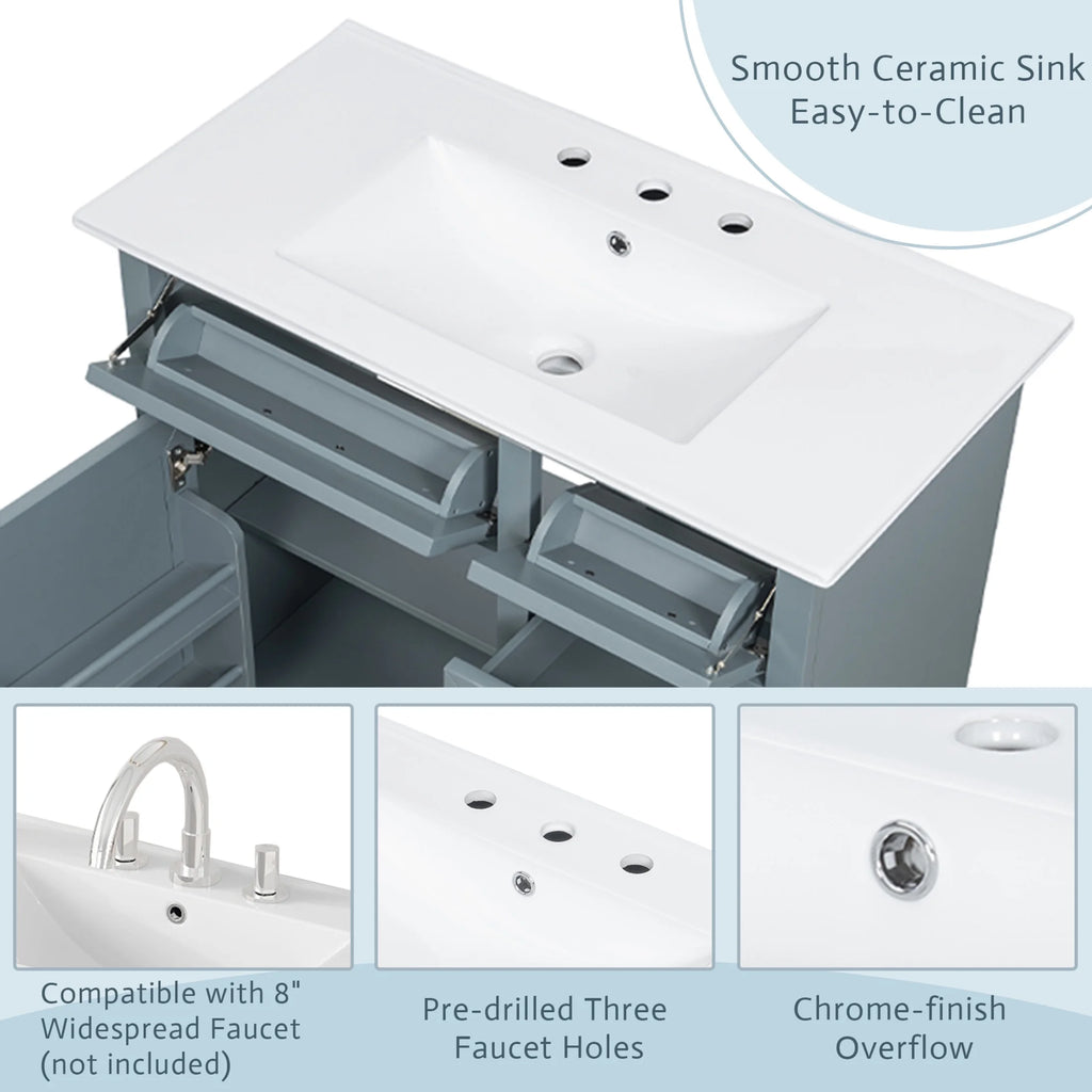Christopher Knight Home 36" Bathroom Vanity with Sink, Tip-out Drawers, Soft-Close Doors, Grey
