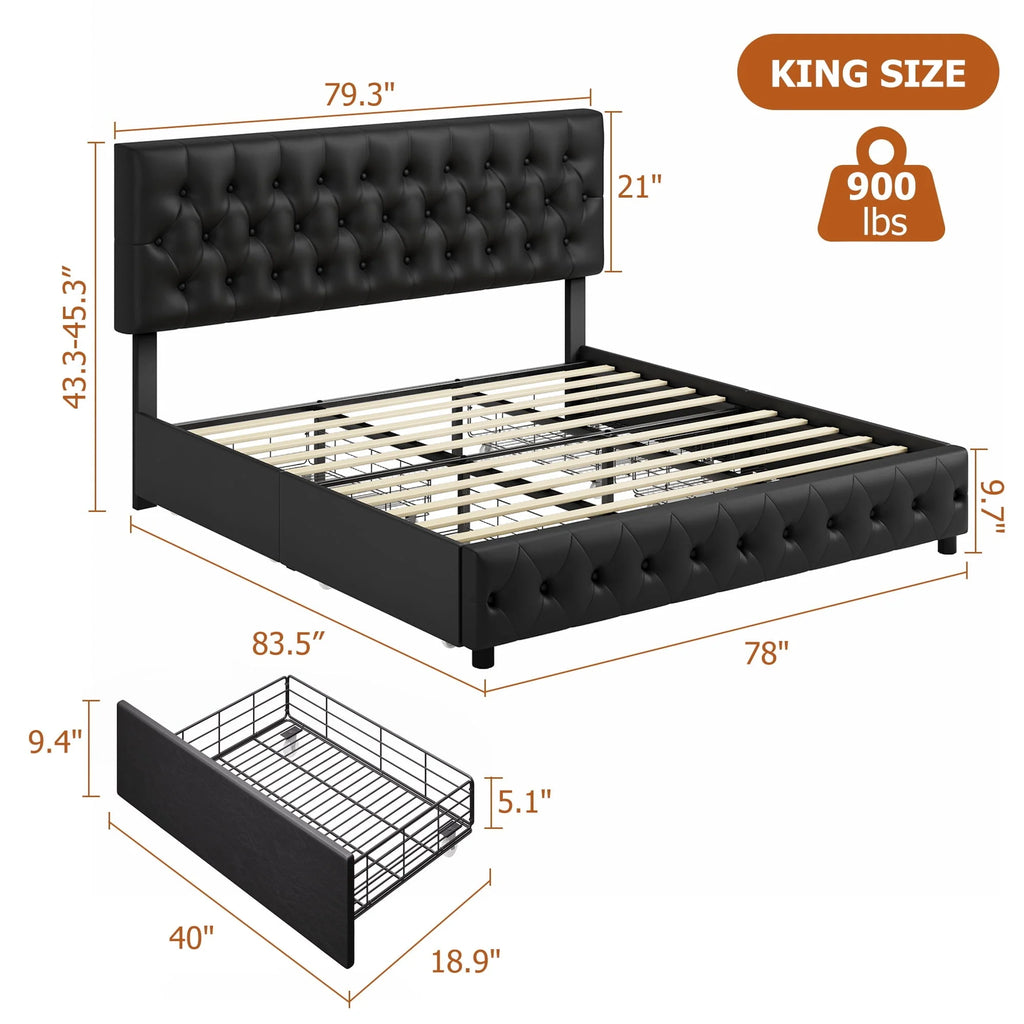 Homfa Faux Leather Storage Platform Bed Frame, King Black Bed Frame with 4 Drawers, Upholstered with Adjustable Headboard