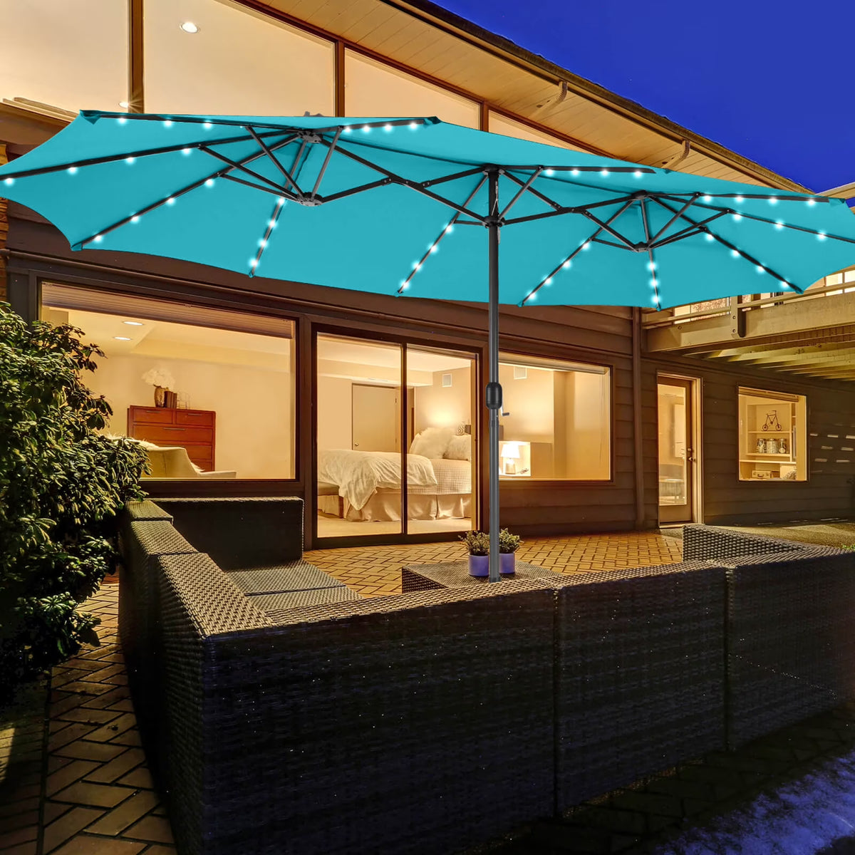 Costway 15FT Twin Patio Double-Sided Umbrella 48 Solar LED Lights Crank Outdoor Beige