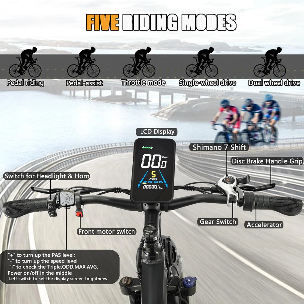 60V 25AH Battery Electric Bike for Adults,5000W Peak Dual Motor Ebike,AWD 21-Speed 50MPH Mountain Snow E-Bike with 26" x 4.0 Fat Tire, Long Range Mountain Dirt Bike for Off-Road Snow Sand