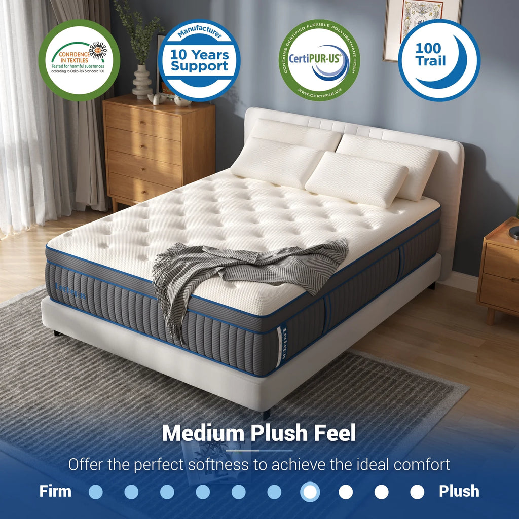 DIGLANT 14 Inch Queen Medium Plush Hybrid Mattress,Cooling Gel Memory Foam with Individually Pocket Springs, Soft Fabric Mattress Queen size for Pressure Relief, Mattress in box, CertiPUR-US