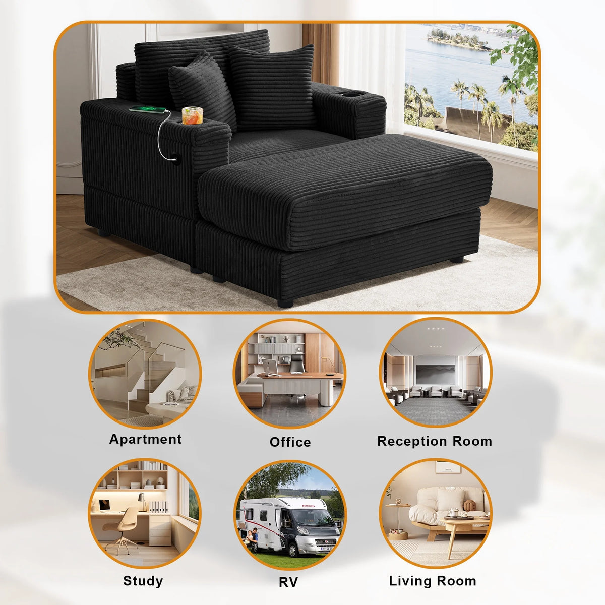 Wiilayok Oversized Lounge Chair Indoor,54" Corduroy Cloud Chaise Lounge Couch Indoor with Ottoman,Cup Holder for Living Room,Bedroom,Beige