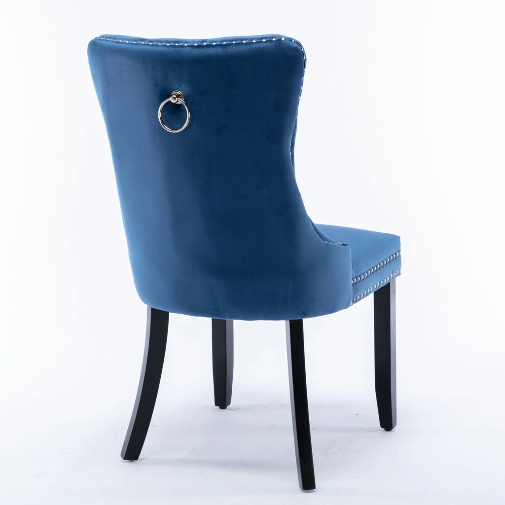 Elegant Button Tufted Dining Chairs, High-end Velvet Upholstered Dining Chairs with Nailhead Back and Ring Pull Trim, Solid Wood Dining Chairs for Kitchen Bedroom Dining Room (Blue,Set of 4)