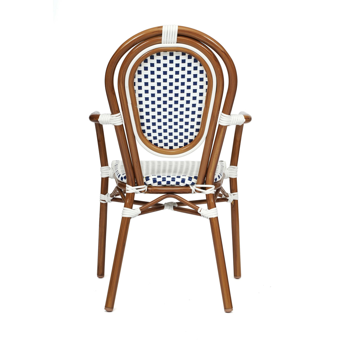 Merrick Lane Stacking Thonet French Bistro Style Chair with Arms, Black & White PE Rattan Seat, and Bamboo Finished Metal Frame for Indoor/Outdoor Use