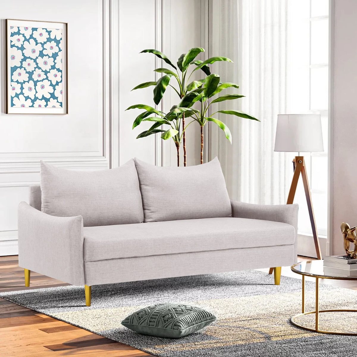 66.9" W Loveseat Sofa, Mid Century Modern Decor Love Seat Couches for Living Room, Polyester Upholstered Loveseats Furniture, Solid and Easy to Install Small Couch for Bedroom, White