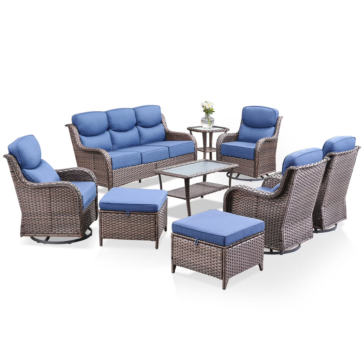 Bellefurn Luxury Outdoor Patio Furniture Set,Swivel Rocker Patio Chairs with 6-inch Thick Cushion,Patio Sofa and Glass Coffee Table,Outdoor Conversation Set for Porch, Deck, Yard