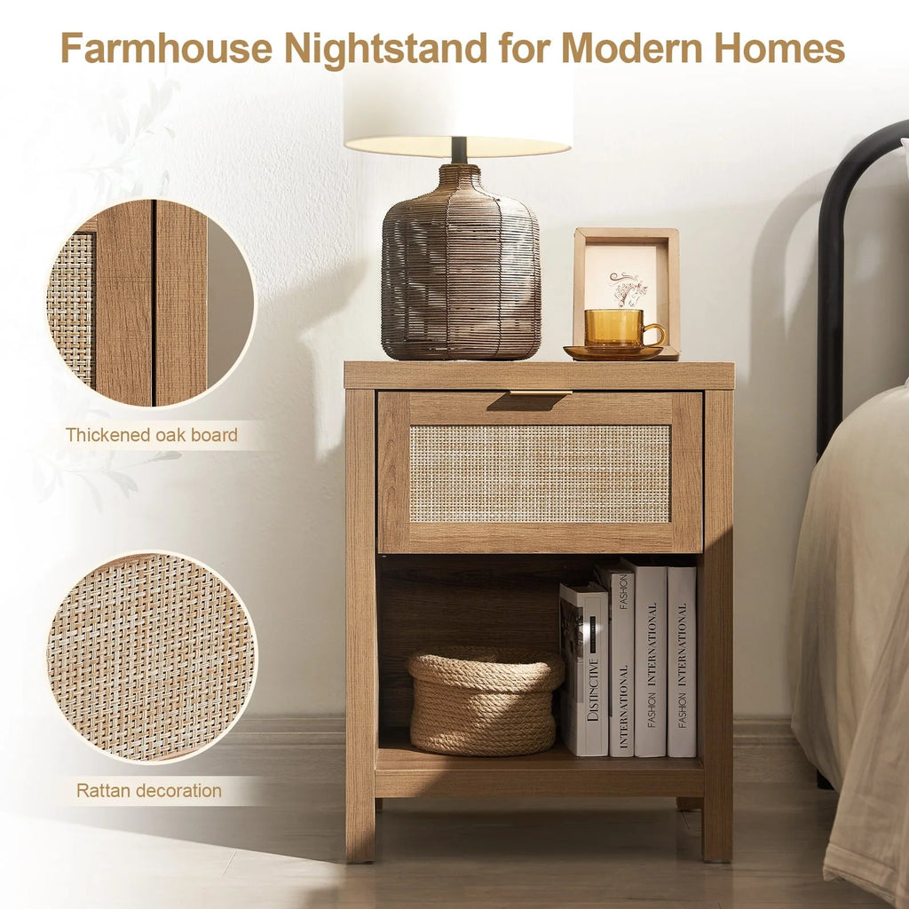 Surmoby Rattan Nightstand Set of 2,Farmhouse Bedside Tables with Drawer and Storage Shelf,Natural Boho End Table Side Table for Bedroom,Living Room