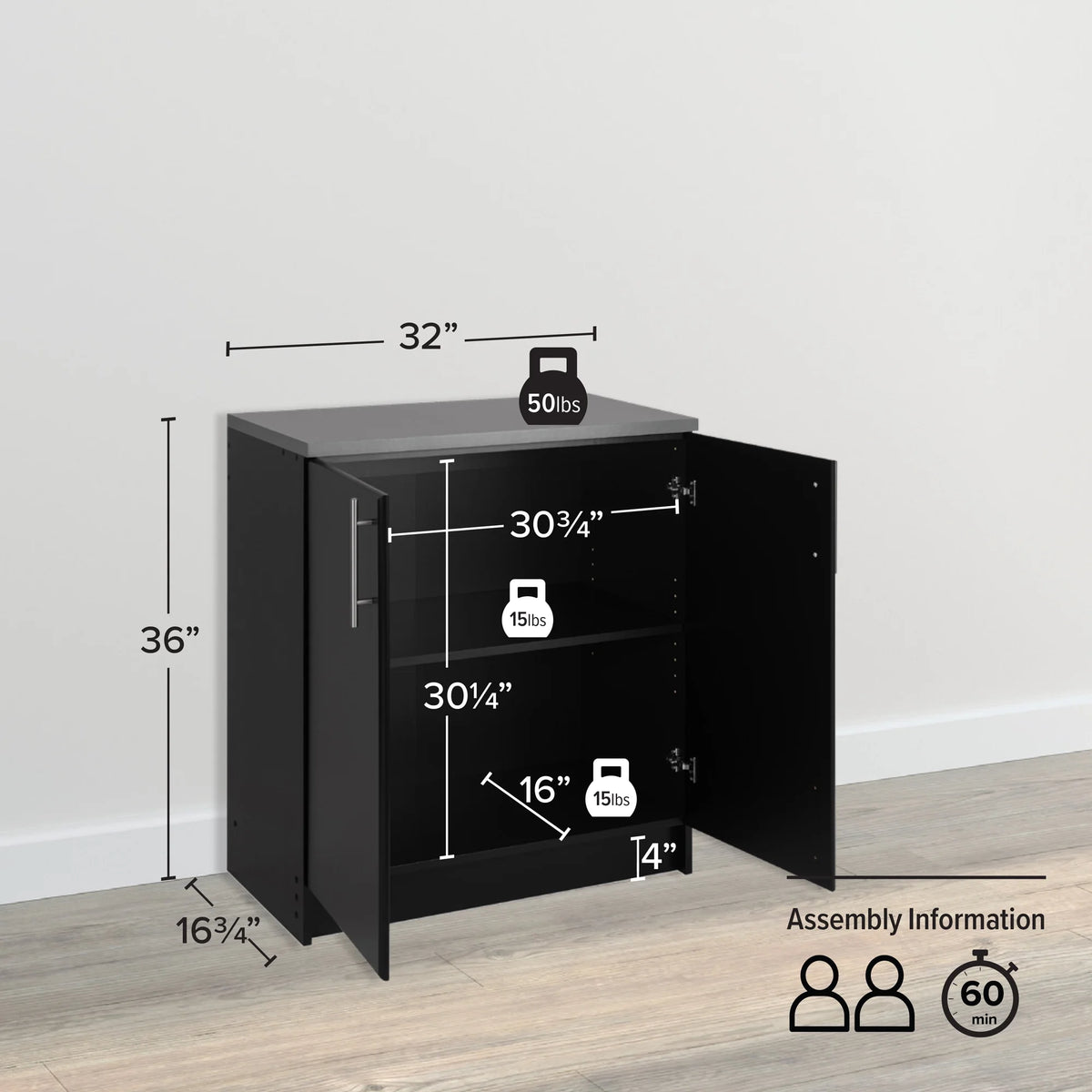 Prepac Elite Home Storage White Base Cabinet with Melamine Countertop