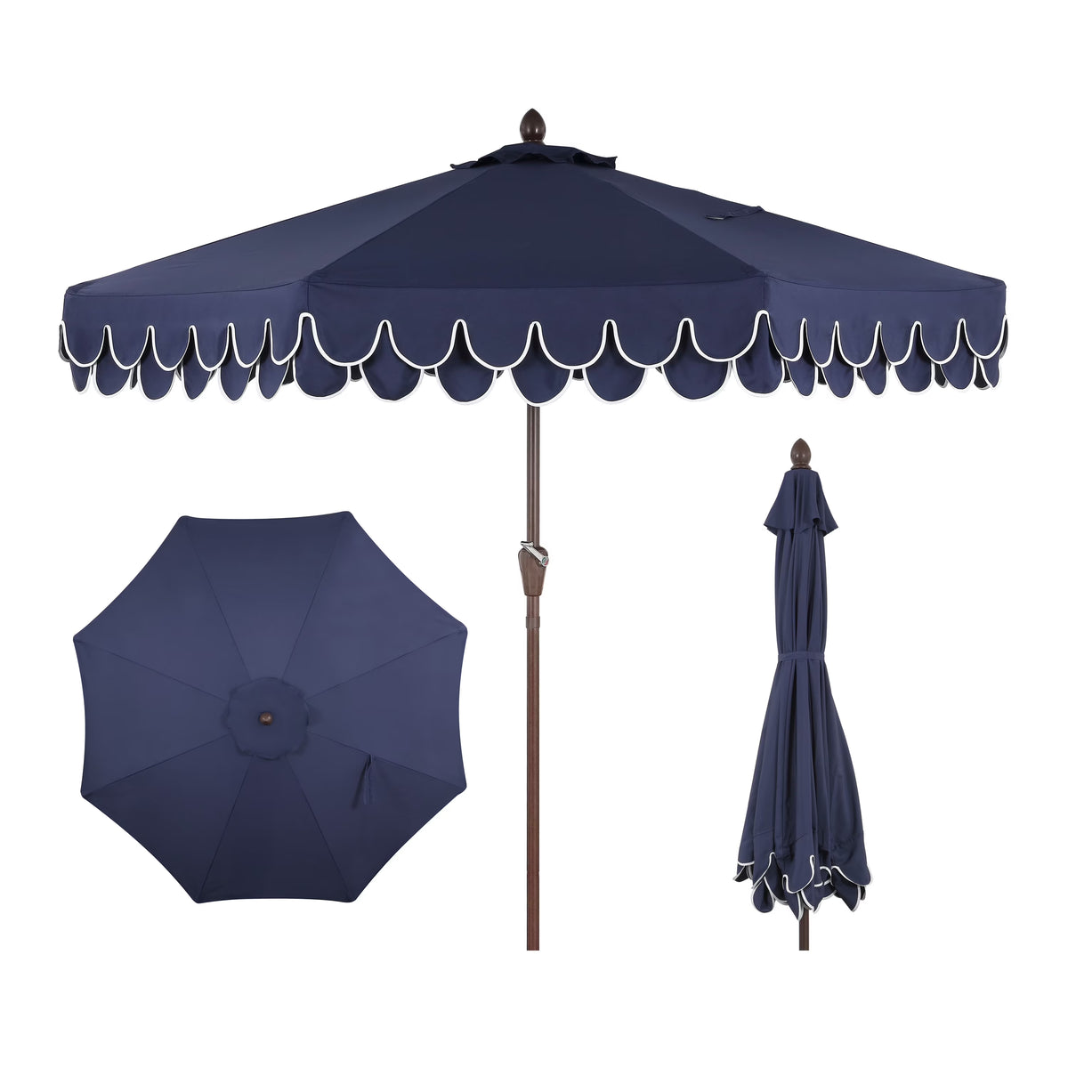 JONATHAN Y Tracy 9 ft. Market Patio Umbrella, Classic Mid-Century Scalloped Fringe, with Auto-Tilt Crank, Wind Vent and UV Protection, Coral Pink/White, Dark Brown Pole
