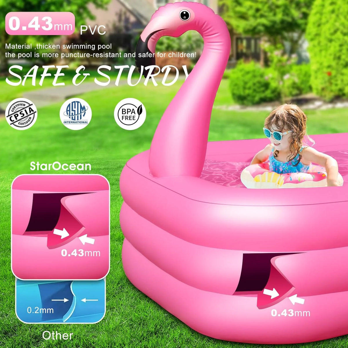Inflatable Pool with Lights,  Solar Flamingo Swimming Pool for Kids,Adults Inflatable Blow up Pool, Large Kiddie Pool, Durable Thickened Inflatable Family Pool for Backyard,Outdoor,105"x65"x25"