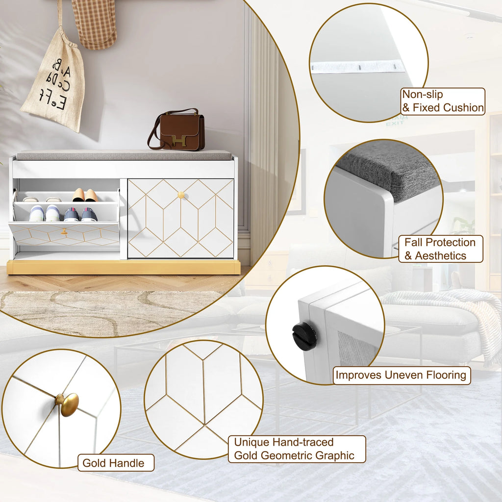 HLR White Shoe Cabinet, Shoe Cabinet with 2 Drawers Shoe Storage, Entryway Bench with Padded Seat