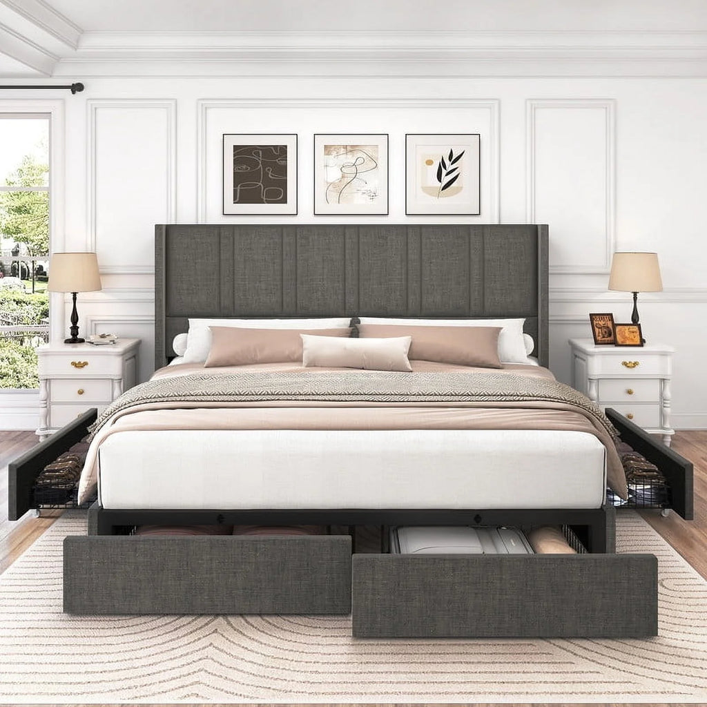LARMACE King Size Upholstered Bed Frame with 4 Storage Drawers and Vertical Channel Tufted Headboard Linen Platform Bed Frame Wingback Beds with Wooden Slats Support, Beige
