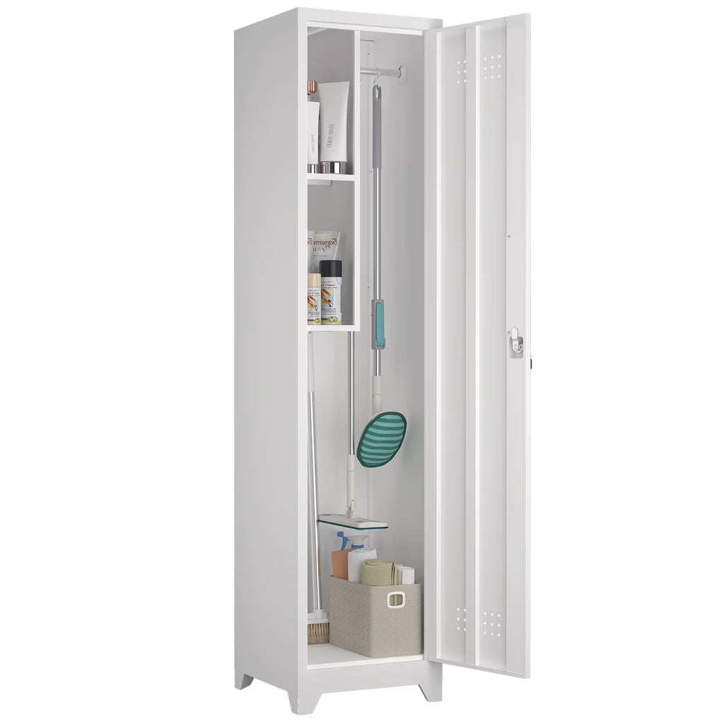 Marcree Slim Broom Storage Cabinet, Metal Cabinet with Shelves and Hanging Rod, 65" Utility Storage Cabinet with Locking Door, Tall Cleaning Storage Cabinet for Kitchen, Pantry, Office, Shop, Garage