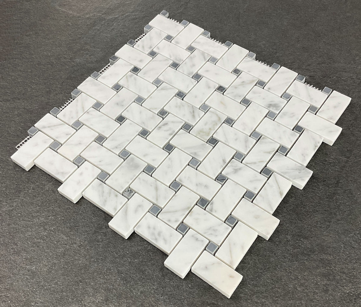 10 Sheets of 1" x 2" White Cararra and Gray Dot Basketweave Marble Mosaic Wall & Floor Tile