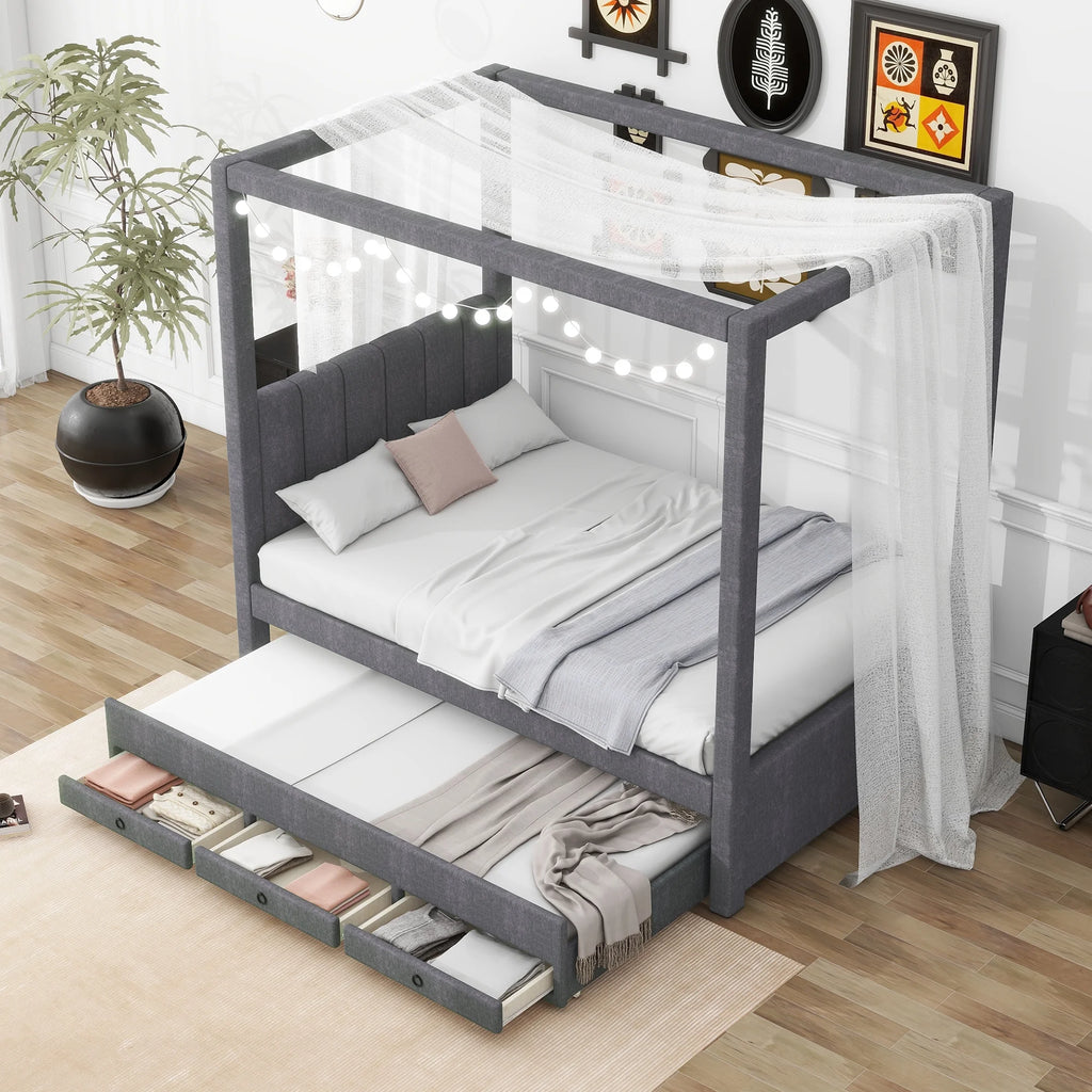 Harper & Bright Designs Twin Size Upholstery Canopy Platform Bed with Trundle and 3 Storage Drawers, Captain Platform Bed Frame with 4-Poster Canopy Roof, Beige