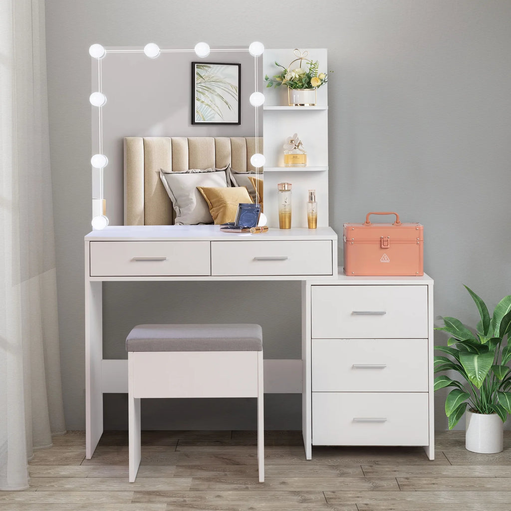 Ktaxon Flutted Makeup Vanity Table Set with 5 Drawer, Dressing Table w/Charging Station, Vanity Desk for Femal Gift, White
