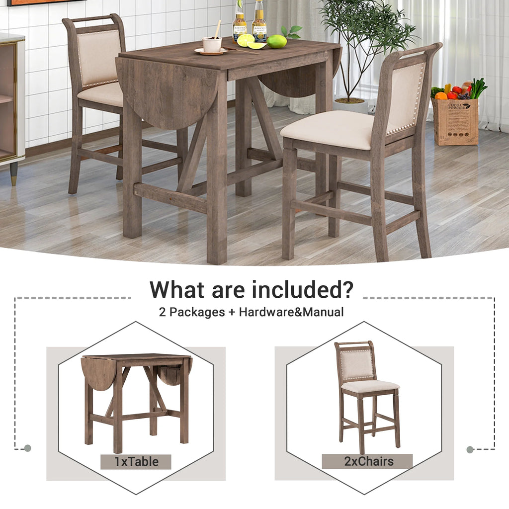 Harper & Bright Designs 3 Piece Wood Folding Dining Table Set Drop Leaf Table with 2 Padded Counter Height Dining Chairs for Small Place, Brown