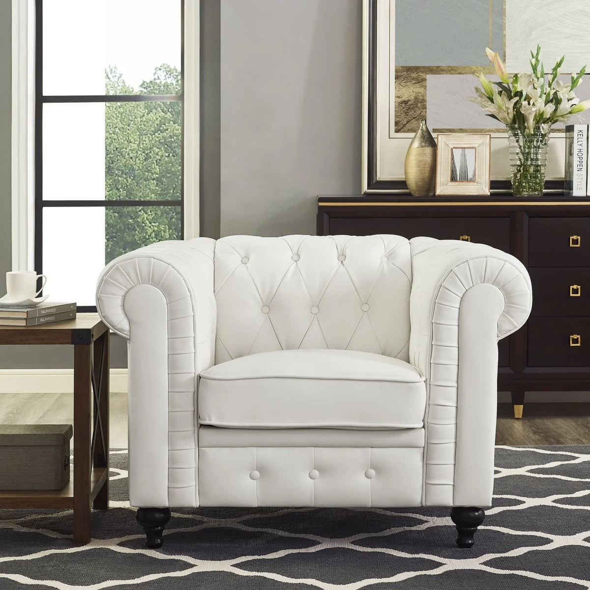 Naomi Home Emery Chesterfield Sofa & Accent Chair with Rolled Arms, Tufted Cushions, White