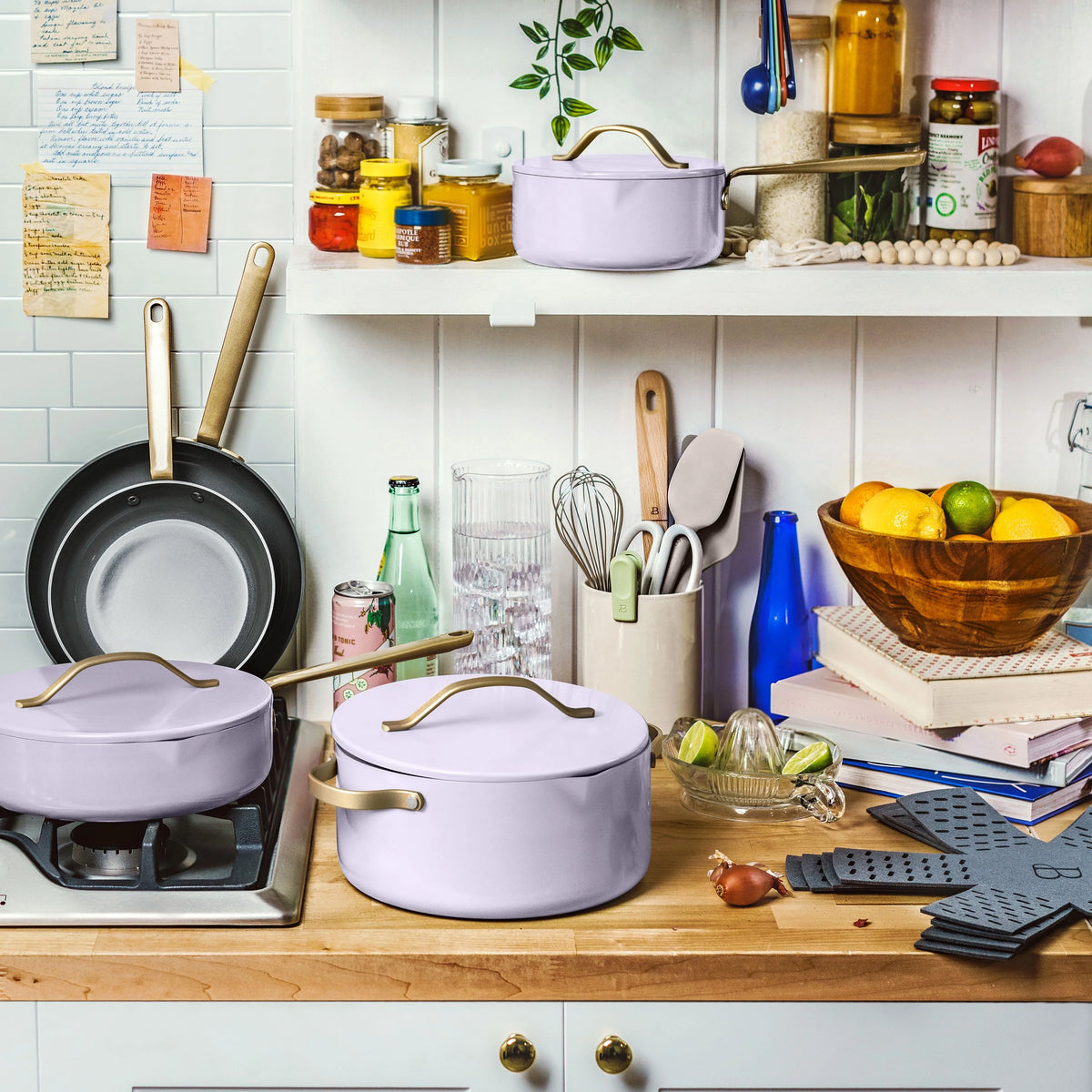 Beautiful 12pc Ceramic Non-Stick Cookware Set with Strainer Lids, White Icing by Drew Barrymore