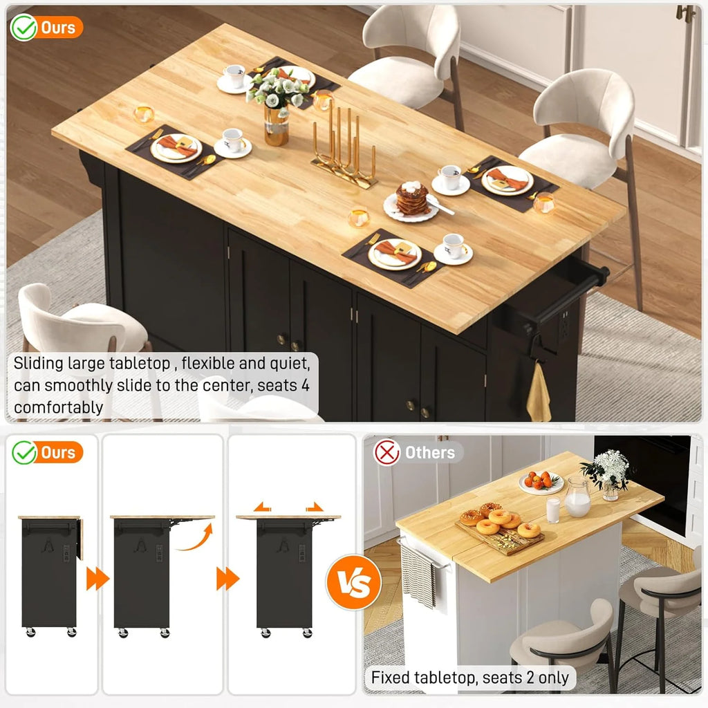 ANPOO 67" Rolling Kitchen Island with Drop Leaf, Tilt Out Kitchen Trash Cabinet 10 Gallon Storage, Kitchen Cart Island with Rubber wood Top, Spice Rack and Drawers