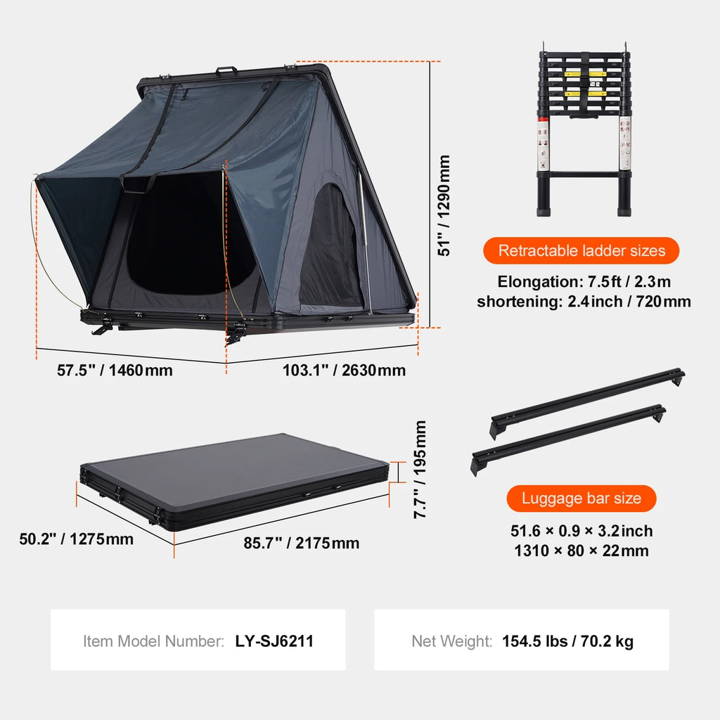 KFFKFF Hard Shell Rooftop Tent, Naturnest Shelter for 2-3 Individuals, Sturdy Roof Tent with Extendable Ladder and Thick Mattress, Resistant to Water and Wind for Jeep, SUV, Van, and Pickup Truck