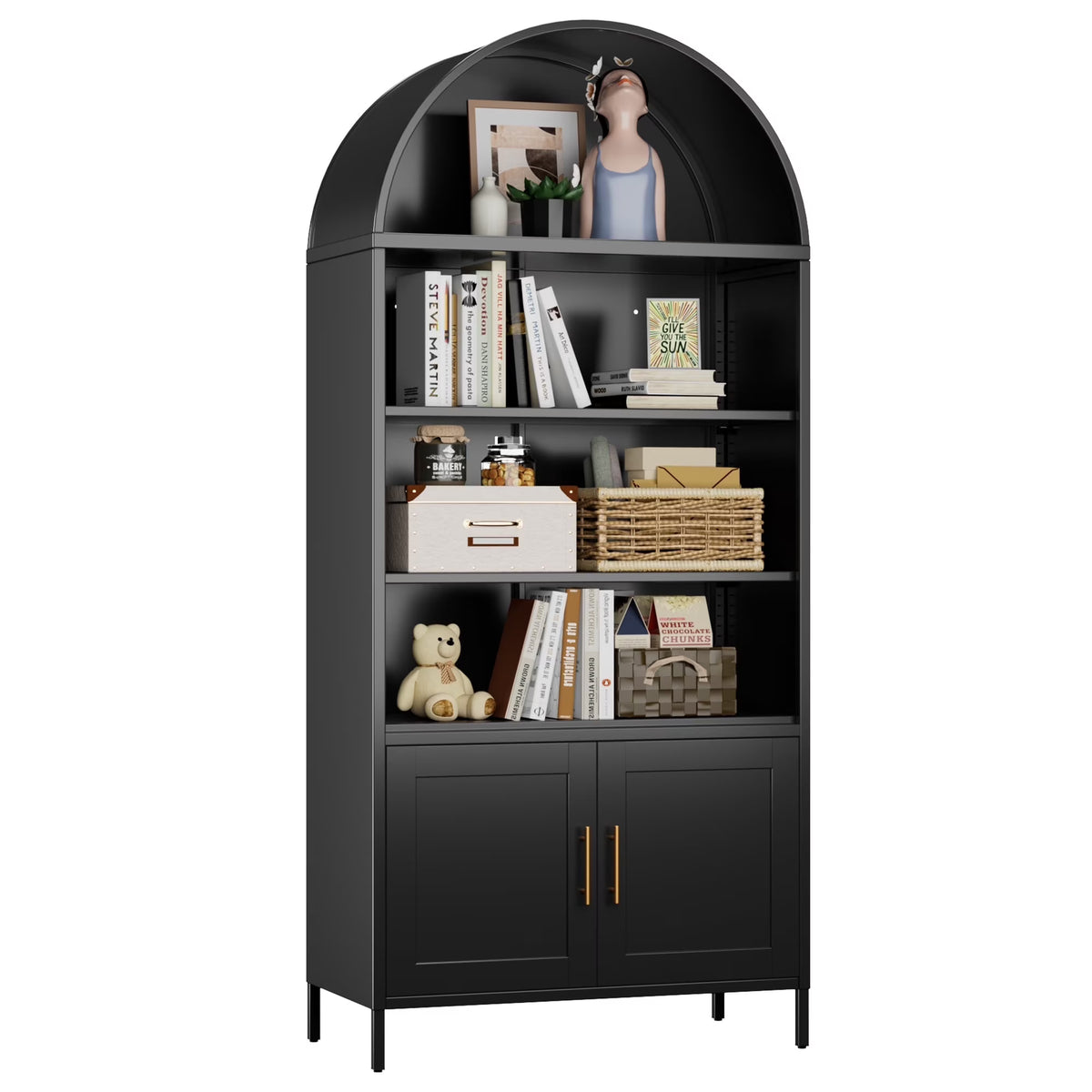SUPEER Metal Arched Storage Display Cabinet with Glass Doors and Adjustable Shelves, Lockable Cabinet, Assembly Required, Black