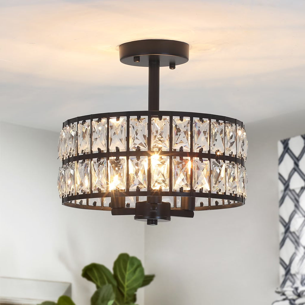 3-Light Crystal Semi Flush Mount Lights for Living Room Hallway French Gold